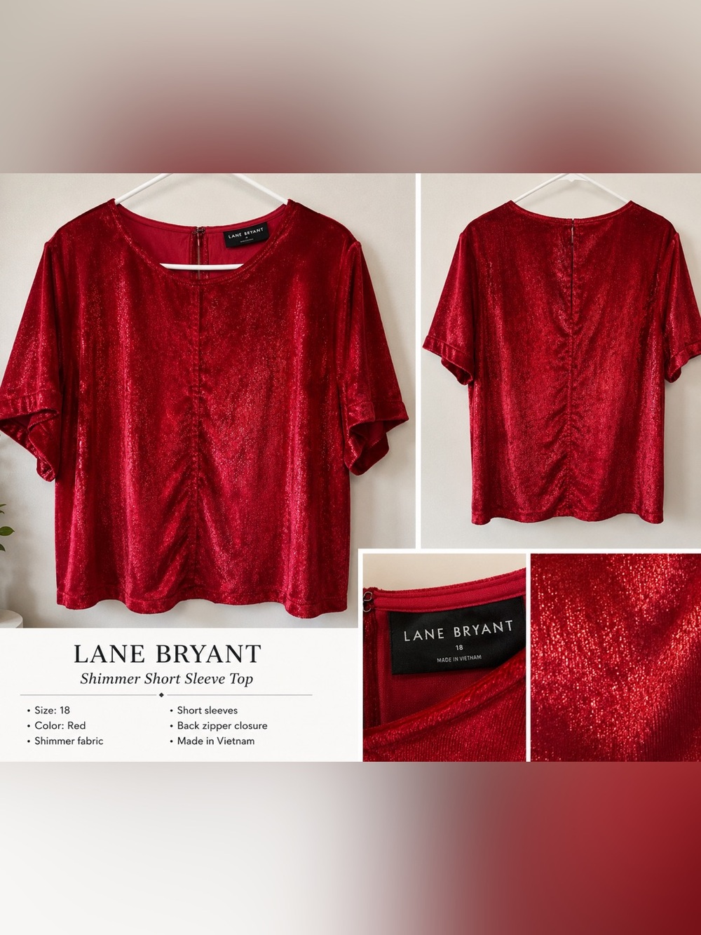 Lane Bryant Size 18 Red Shimmer Velvet Short Sleeve Blouse Top Holiday Party